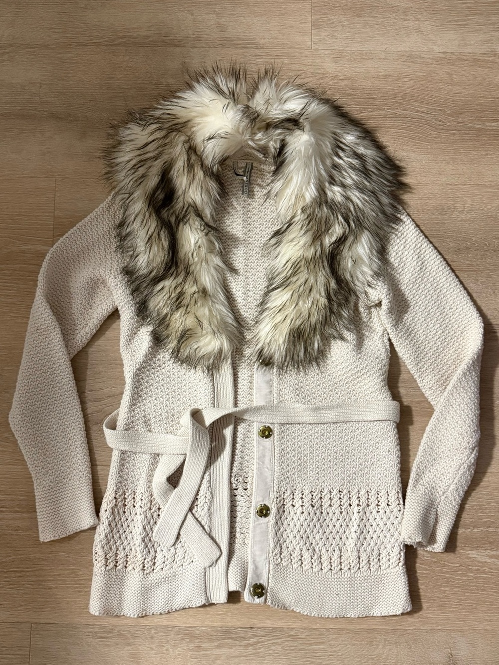 Guess knit cardigan sweater faux fur collar S Small
